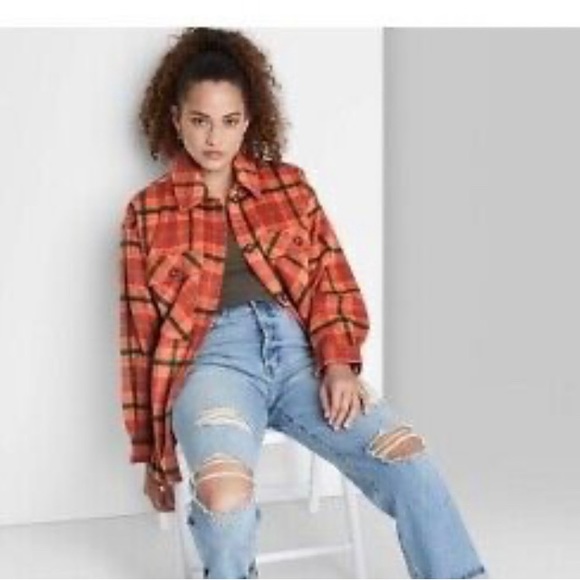 wild fable Jackets & Blazers - WILD FABLE Red ORANGE Green PLAID Button DOWN Shirt JACKET Shacket size small